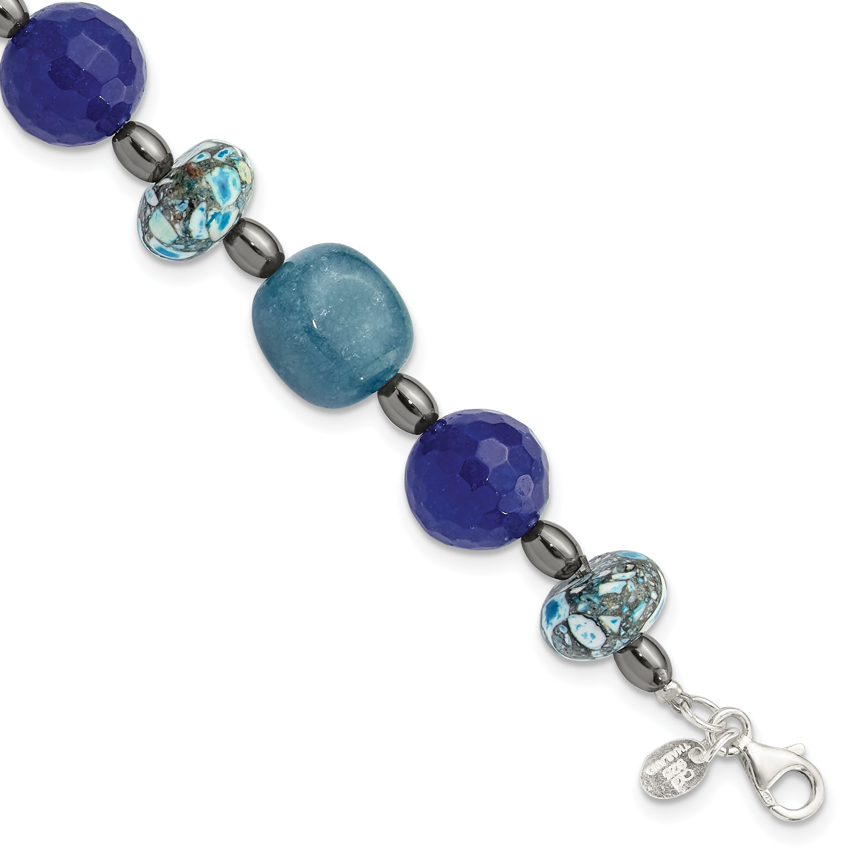 Sterling Silver Agate,Hematite,Quartz,Chip Composite 1in ext Bracelet