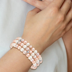 Sterling Silver RH-plated 7-8mm Multi Color FWC Pearl/CZ Flexible Bangle