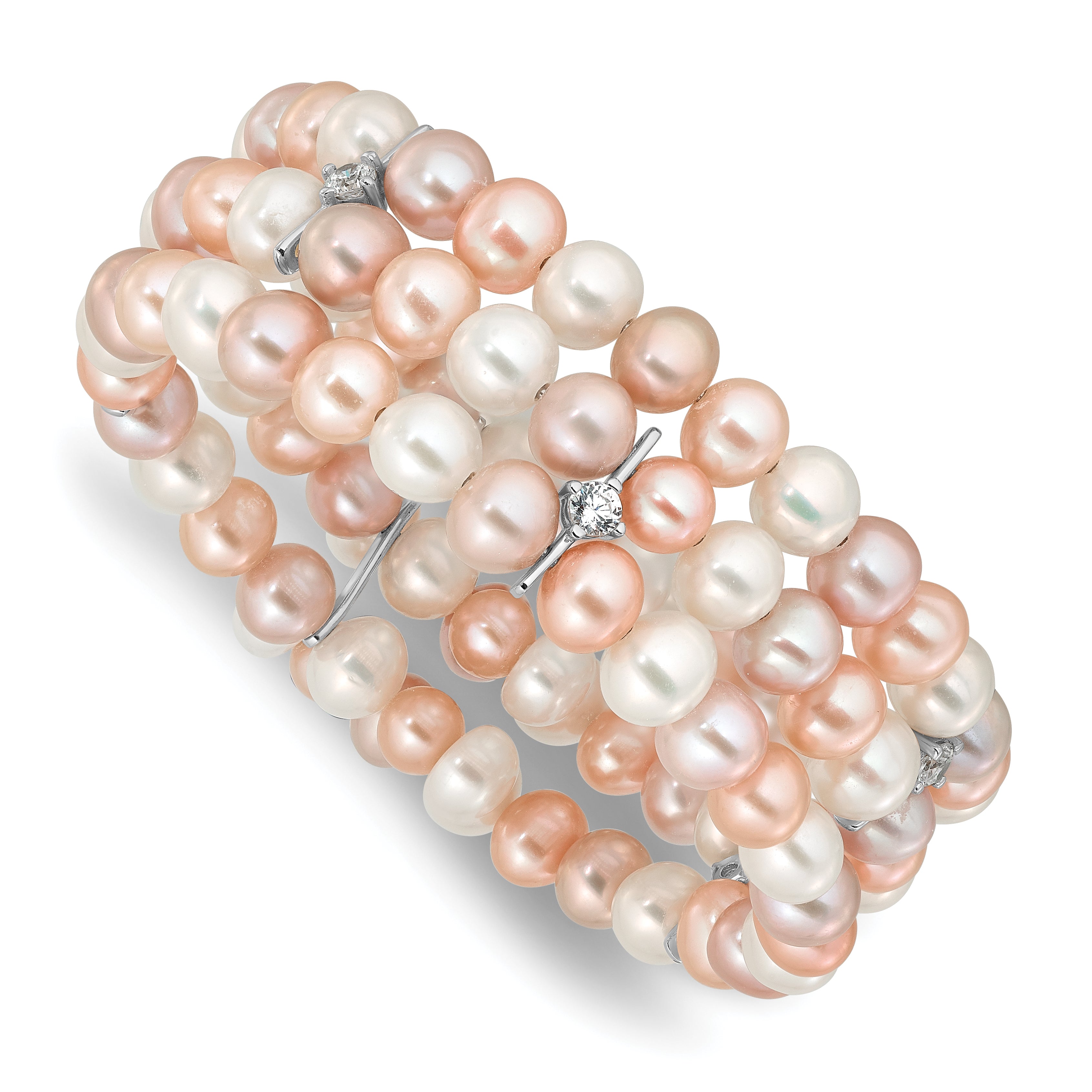 Sterling Silver RH-plated 7-8mm Multi Color FWC Pearl/CZ Flexible Bangle