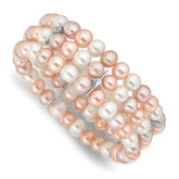 Sterling Silver RH-plated 7-8mm Multi Color FWC Pearl/CZ Flexible Bangle