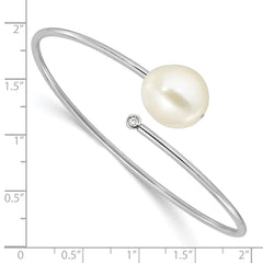 Sterling Silver Rhodium-plated 13-14mm White Freshwater Cultured Pearl and CZ Flexible Bangle