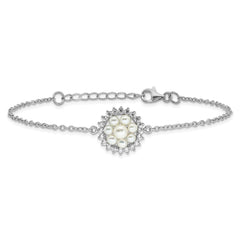 Sterling Silver RH-plated 3-5mm FWC Pearl CZ 7.25in w/1in ext Bracelet