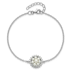 Sterling Silver RH-plated 3-5mm FWC Pearl CZ 7.25in w/1in ext Bracelet