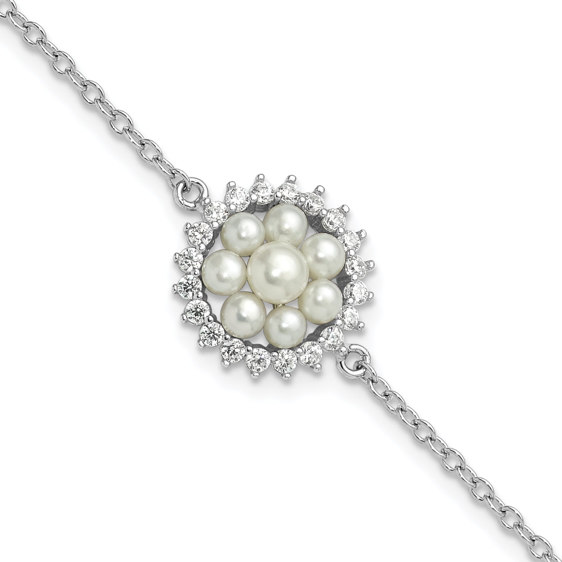 Sterling Silver RH-plated 3-5mm FWC Pearl CZ 7.25in w/1in ext Bracelet