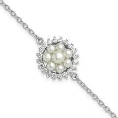 Sterling Silver RH-plated 3-5mm FWC Pearl CZ 7.25in w/1in ext Bracelet