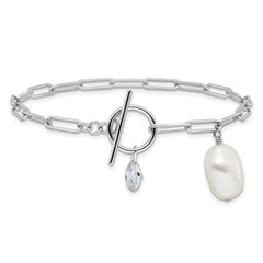 Sterling Silver Rhod-plated Paperclip CZ/FWC Pearl Toggle Bracelet