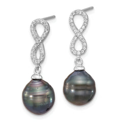 Sterling Silver Rhodium-plated 9-10mm Black Teardrop Tahitian Saltwater Cultured Pearl and CZ Infinity 16.75 inch Necklace and Post Dangle Earrings Set
