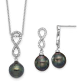Sterling Silver Rhodium-plated 9-10mm Black Teardrop Tahitian Saltwater Cultured Pearl and CZ Infinity 16.75 inch Necklace and Post Dangle Earrings Set