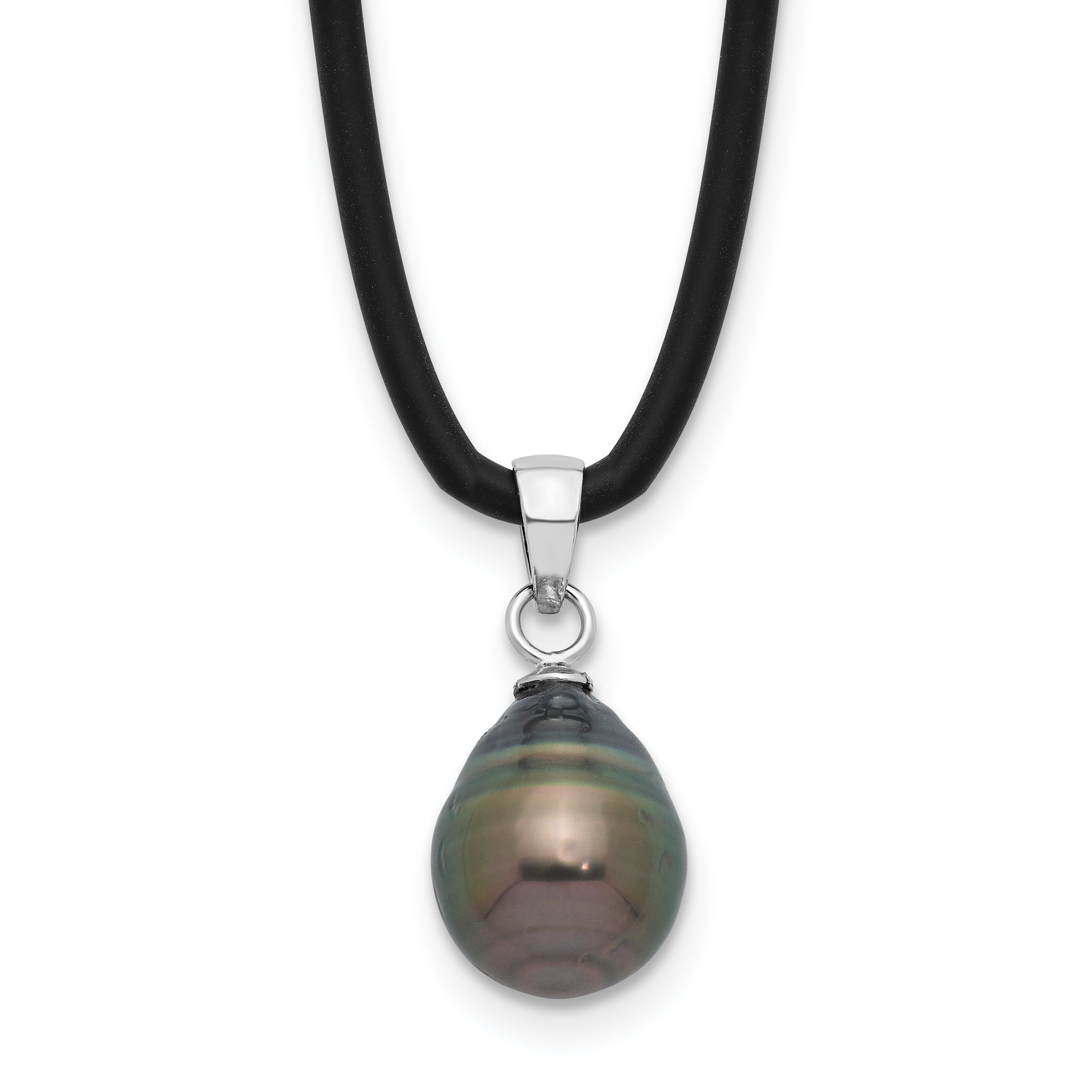 Sterling Silver Rhodium-Rhodium-Plated 9-10mm Black Teardrop Tahitian Saltwater Cultured Pearl 18 inch Black Silicone Necklace