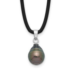 Sterling Silver Rhodium-Rhodium-Plated 9-10mm Black Teardrop Tahitian Saltwater Cultured Pearl 18 inch Black Silicone Necklace