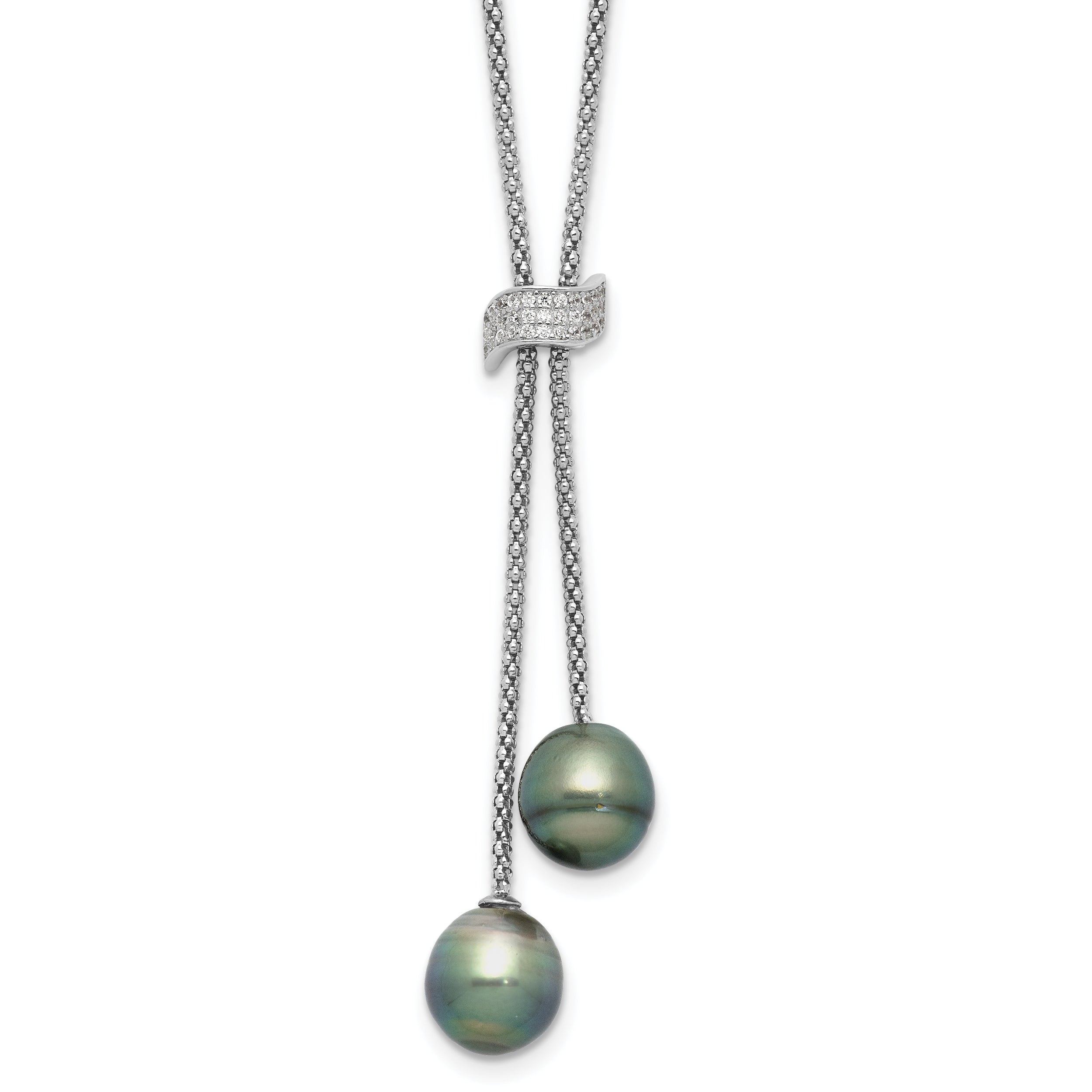Sterling Silver Rhodium-Rhodium-Plated 7-8mm Black Teardrop Tahitian Saltwater Cultured Pearl and CZ Dangle 18 inch with 2 inch Extension Necklace