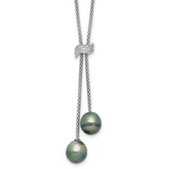 Sterling Silver Rhodium-Rhodium-Plated 7-8mm Black Teardrop Tahitian Saltwater Cultured Pearl and CZ Dangle 18 inch with 2 inch Extension Necklace