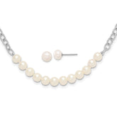 Sterling Silver Rhodium-plated 6-8mm White Near-Round Freshwater Cultured Pearl 18 inch Necklace and Post Earrings Set