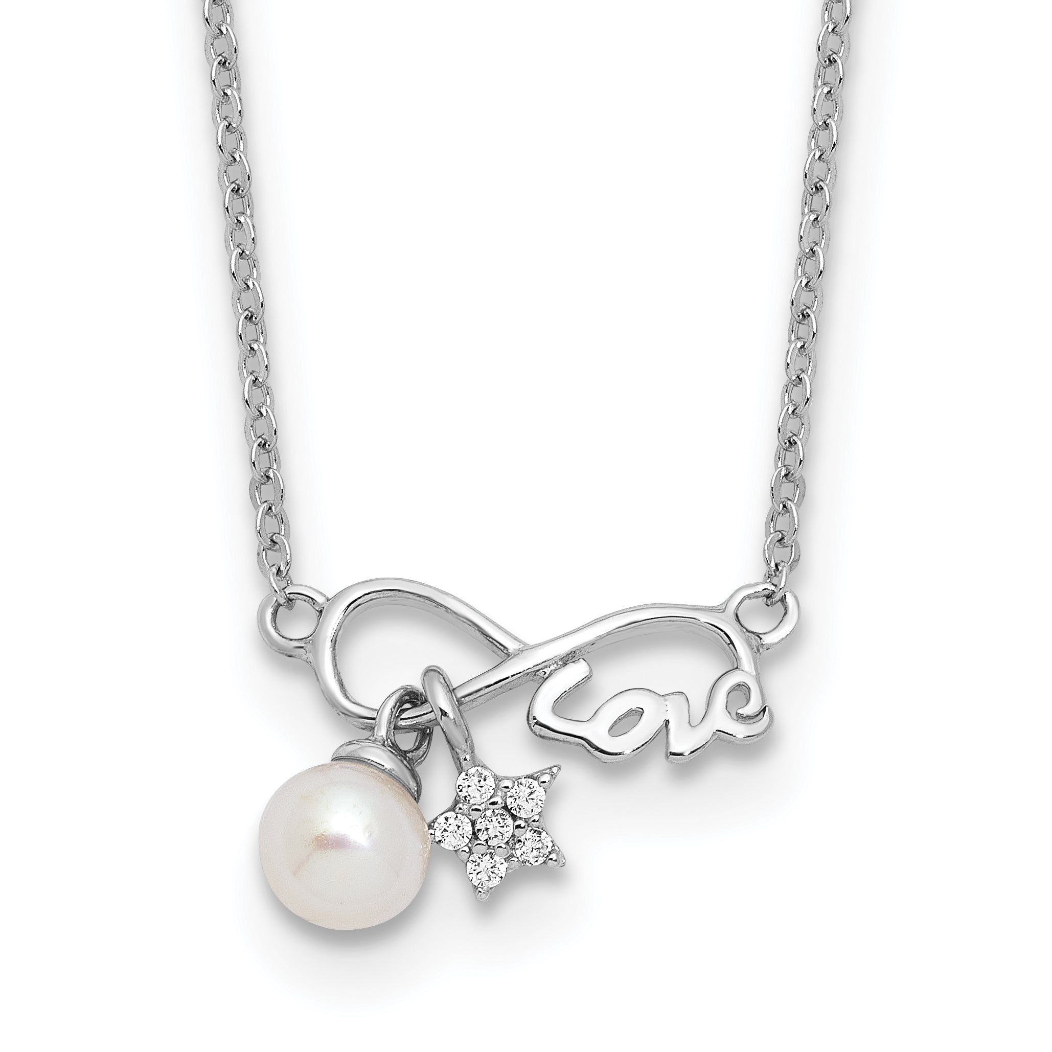 Sterling SilverRhodium-Rhodium-Plated CZ 4mm FWC Pearl LOVE Infinity With 2 Inch Extention Necklace