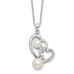 Sterling Silver Rhodium-Rhodium-Plated 6-7.5mm White Button Freshwater Cultured Pearl and CZ Double Heart 17 inch Necklace