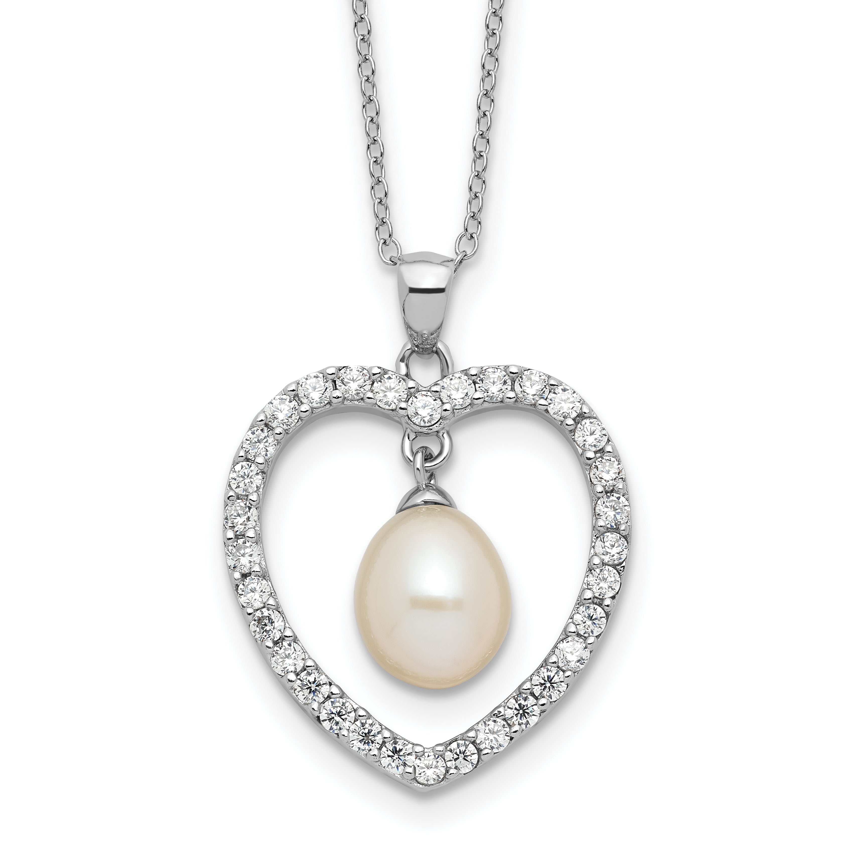 Sterling Silver Rhodium-Rhodium-Plated 8-8.5mm White Teardrop Freshwater Cultured Pearl and CZ Heart 17 inch Necklace