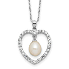 Sterling Silver Rhodium-Rhodium-Plated 8-8.5mm White Teardrop Freshwater Cultured Pearl and CZ Heart 17 inch Necklace