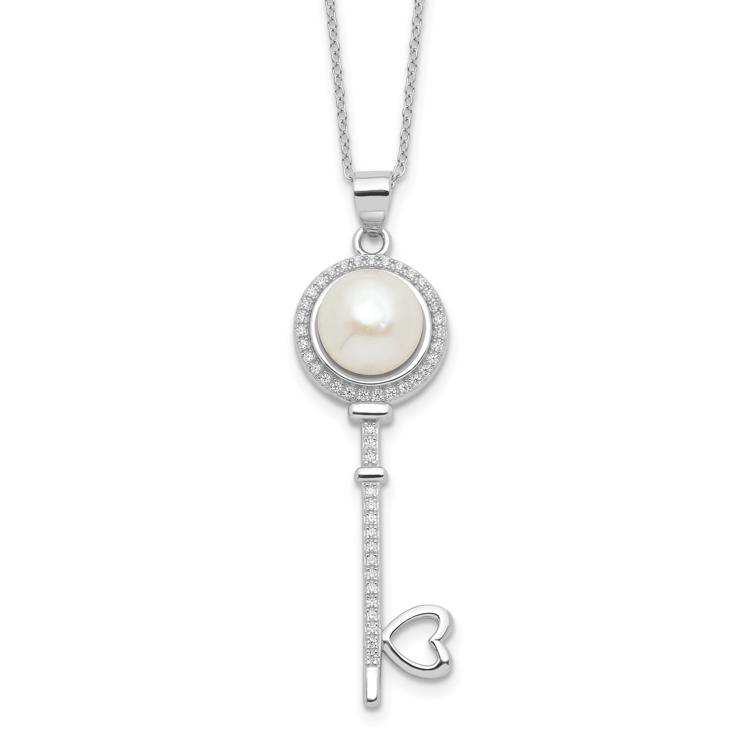 Sterling Silver Rhodium-Platedod-plated Pearl/CZ Key with Heart With 2 Inch Extention Necklace