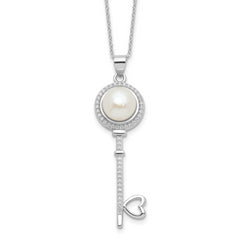 Sterling Silver Rhodium-Platedod-plated Pearl/CZ Key with Heart With 2 Inch Extention Necklace