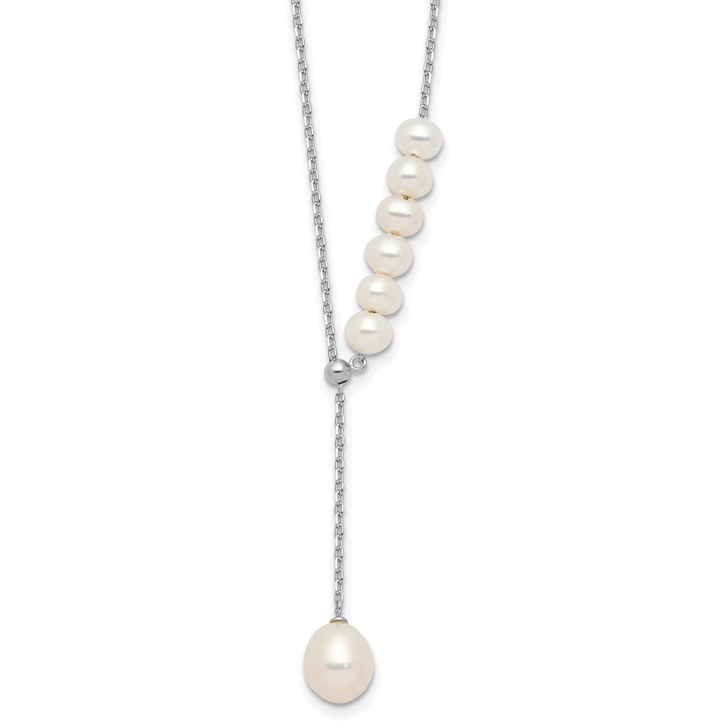 Sterling Silver Rhodium-Rhodium-Plated 4.5-8.5mm White Teardrop and Semi-Round Freshwater Cultured Pearl 15.5 inch with 1.75 inch Extension Necklace
