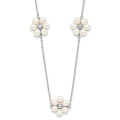 Sterling Silver Rhodium-Rhodium-Plated 4-5mm White Semi-Round Freshwater Cultured Pearl Flower 17 inch with 1.75 inch Extension Necklace