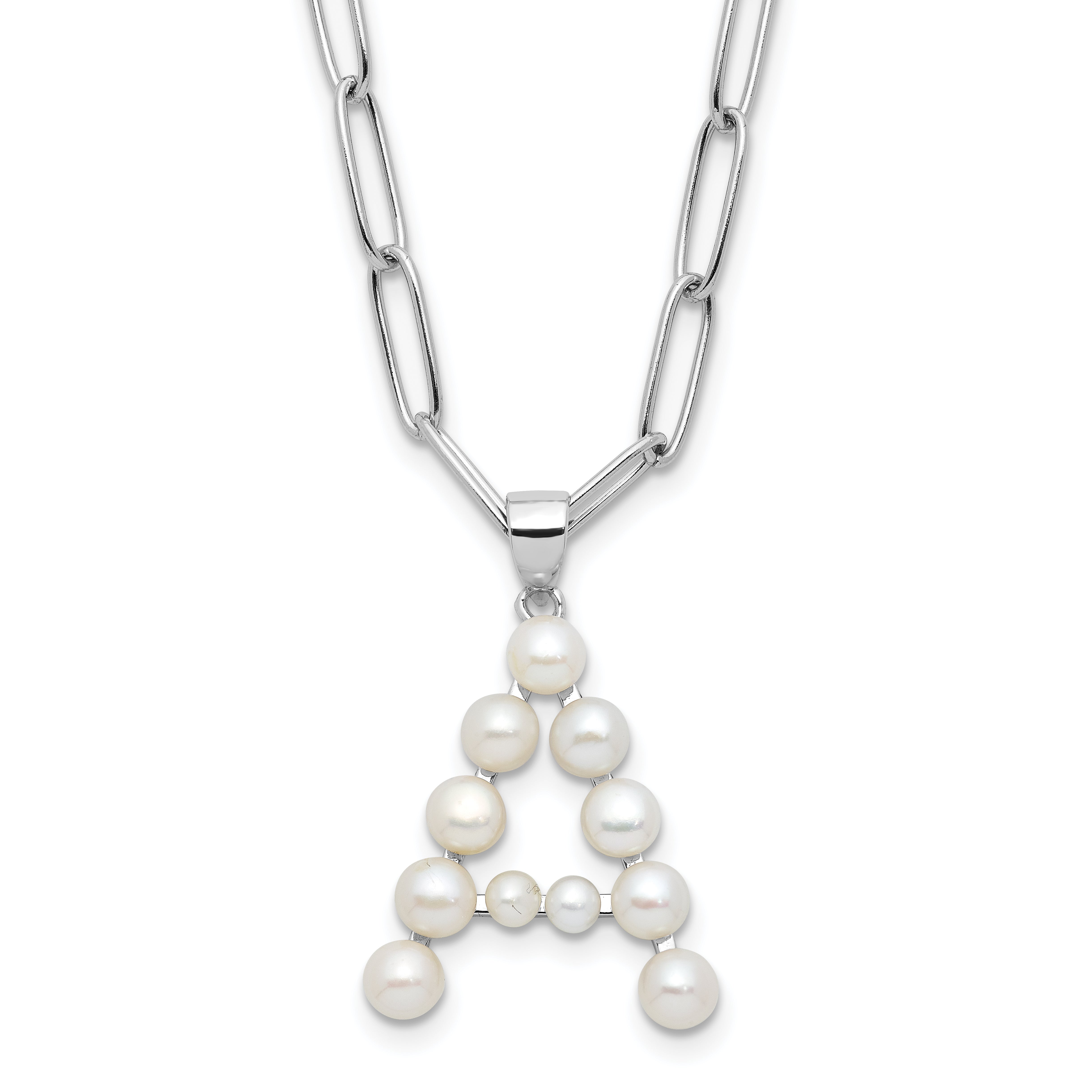 Sterling Silver Rhodium-Rhodium-Plated 3-5.5mm White Button Freshwater Cultured Pearl LETTER A 18 inch Necklace