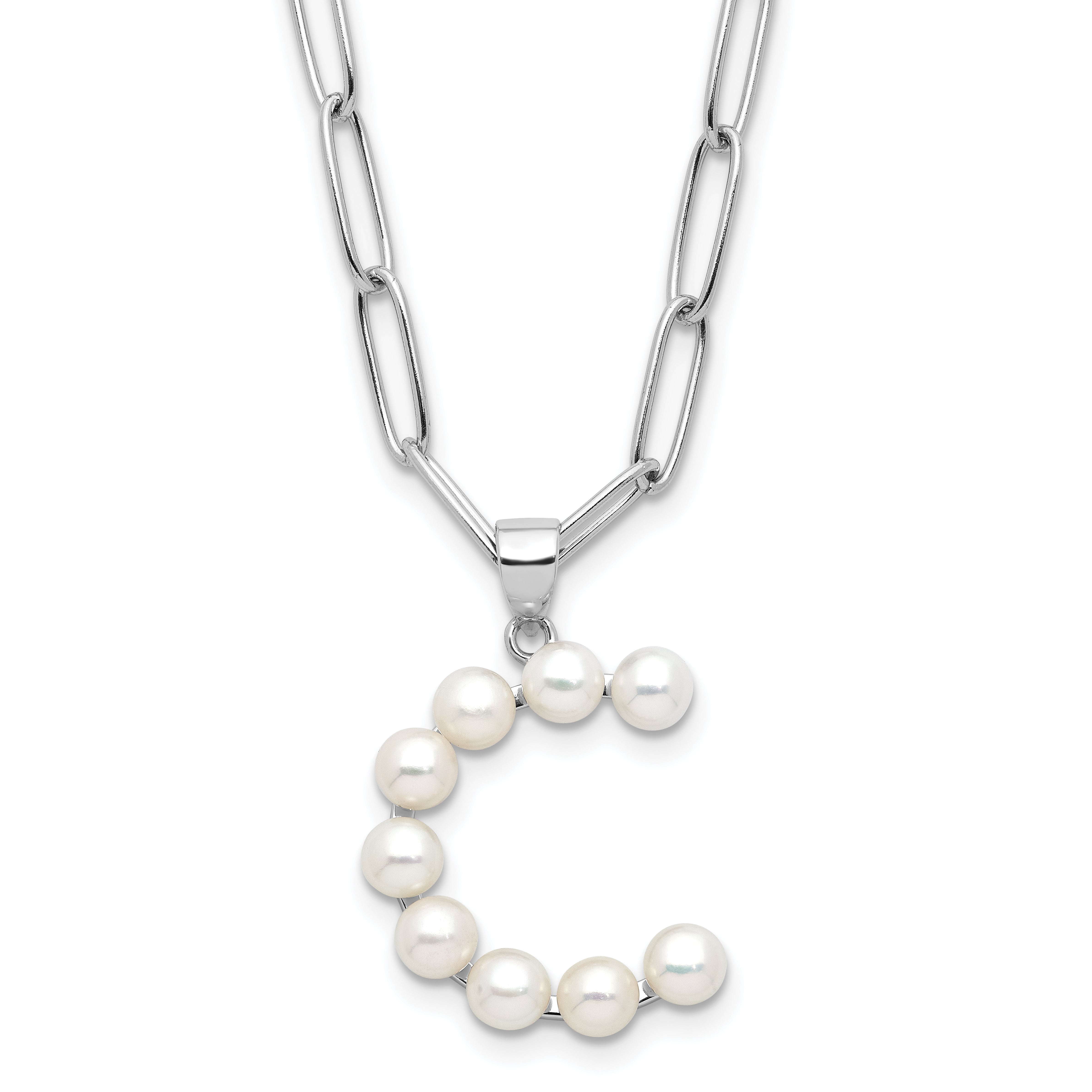 Sterling Silver Rhodium-Rhodium-Plated 3-5.5mm White Button Freshwater Cultured Pearl LETTER C 18 inch Necklace