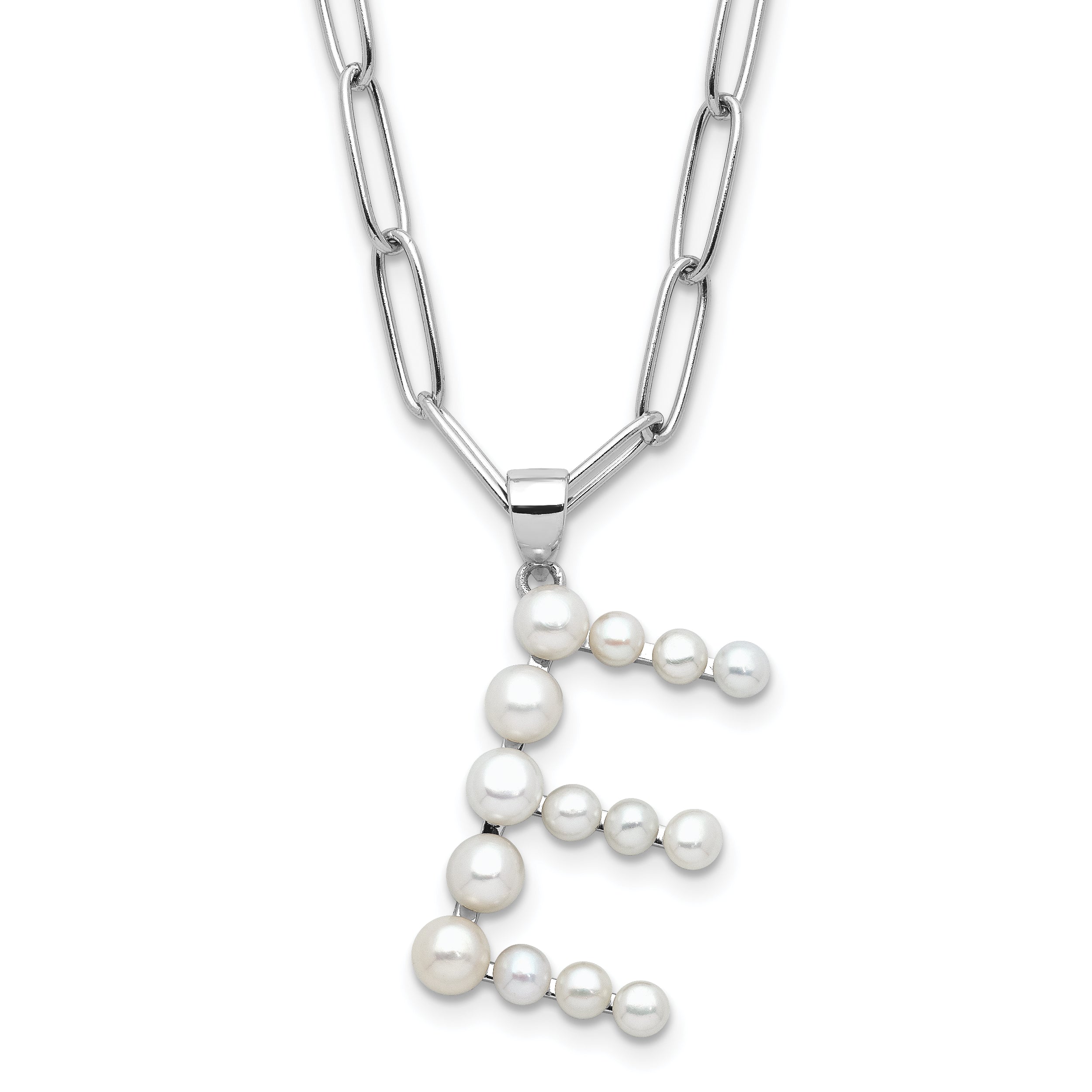 Sterling Silver Rhodium-Rhodium-Plated 3-5.5mm White Button Freshwater Cultured Pearl LETTER E 18 inch Necklace