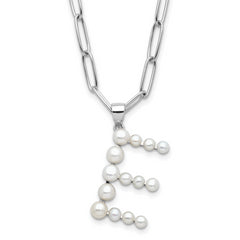 Sterling Silver Rhodium-Rhodium-Plated 3-5.5mm White Button Freshwater Cultured Pearl LETTER E 18 inch Necklace