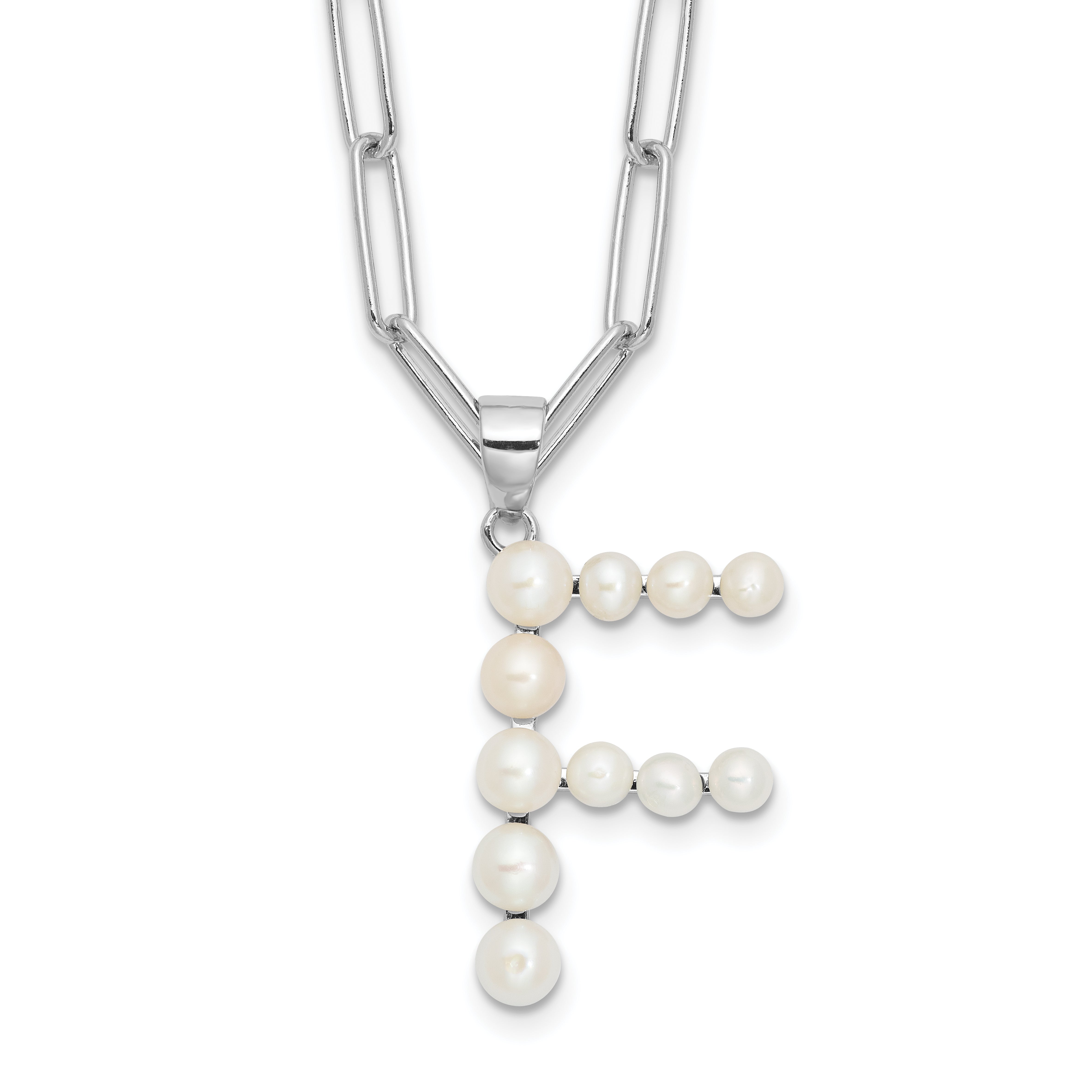 Sterling Silver Rhodium-Rhodium-Plated 3-5.5mm White Button Freshwater Cultured Pearl LETTER F 18 inch Necklace