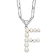 Sterling Silver Rhodium-Rhodium-Plated 3-5.5mm White Button Freshwater Cultured Pearl LETTER F 18 inch Necklace
