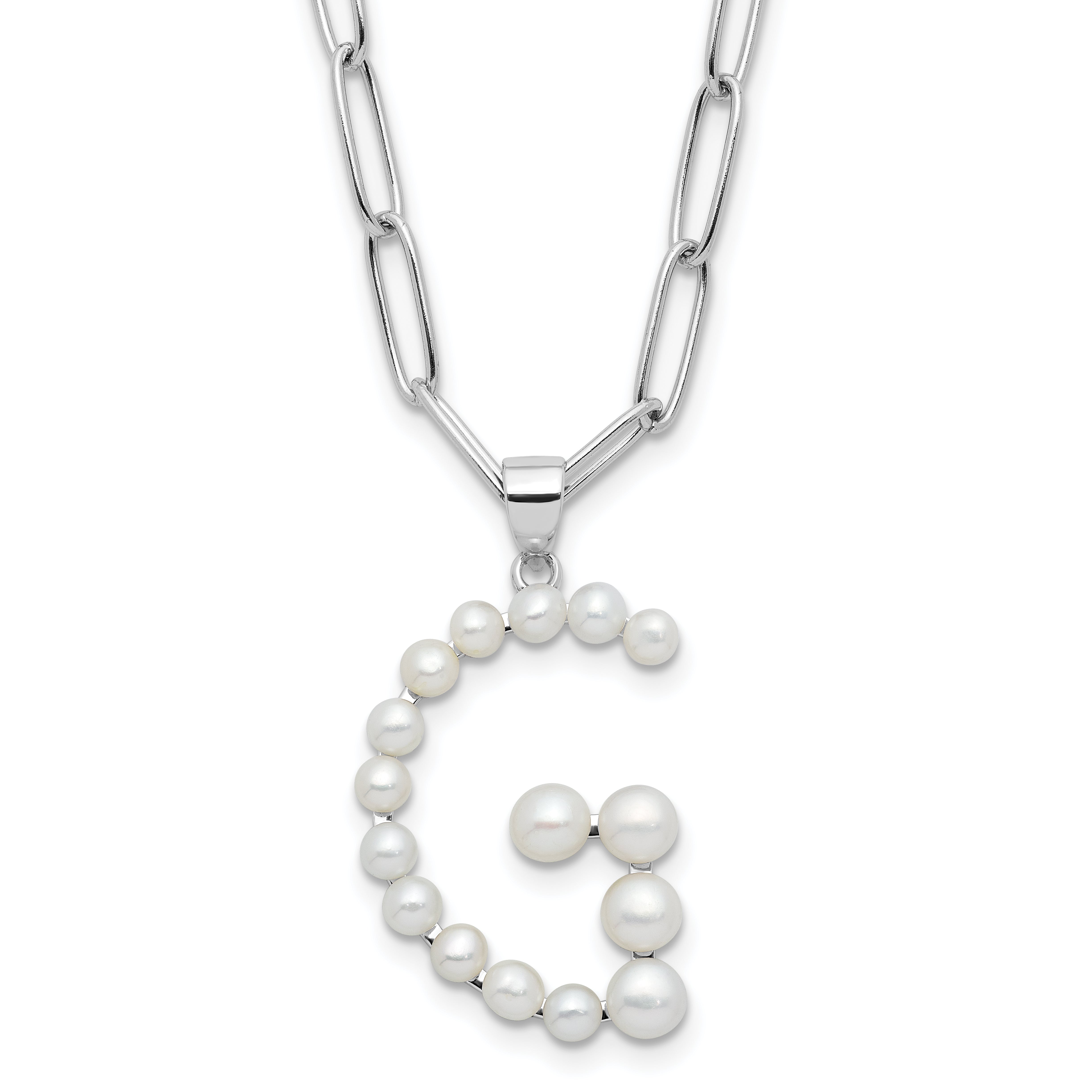 Sterling Silver Rhodium-Rhodium-Plated 3-5.5mm White Button Freshwater Cultured Pearl LETTER G 18 inch Necklace