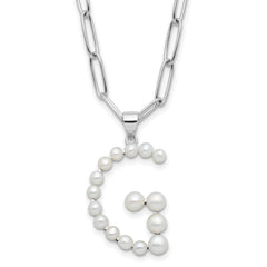 Sterling Silver Rhodium-Rhodium-Plated 3-5.5mm White Button Freshwater Cultured Pearl LETTER G 18 inch Necklace