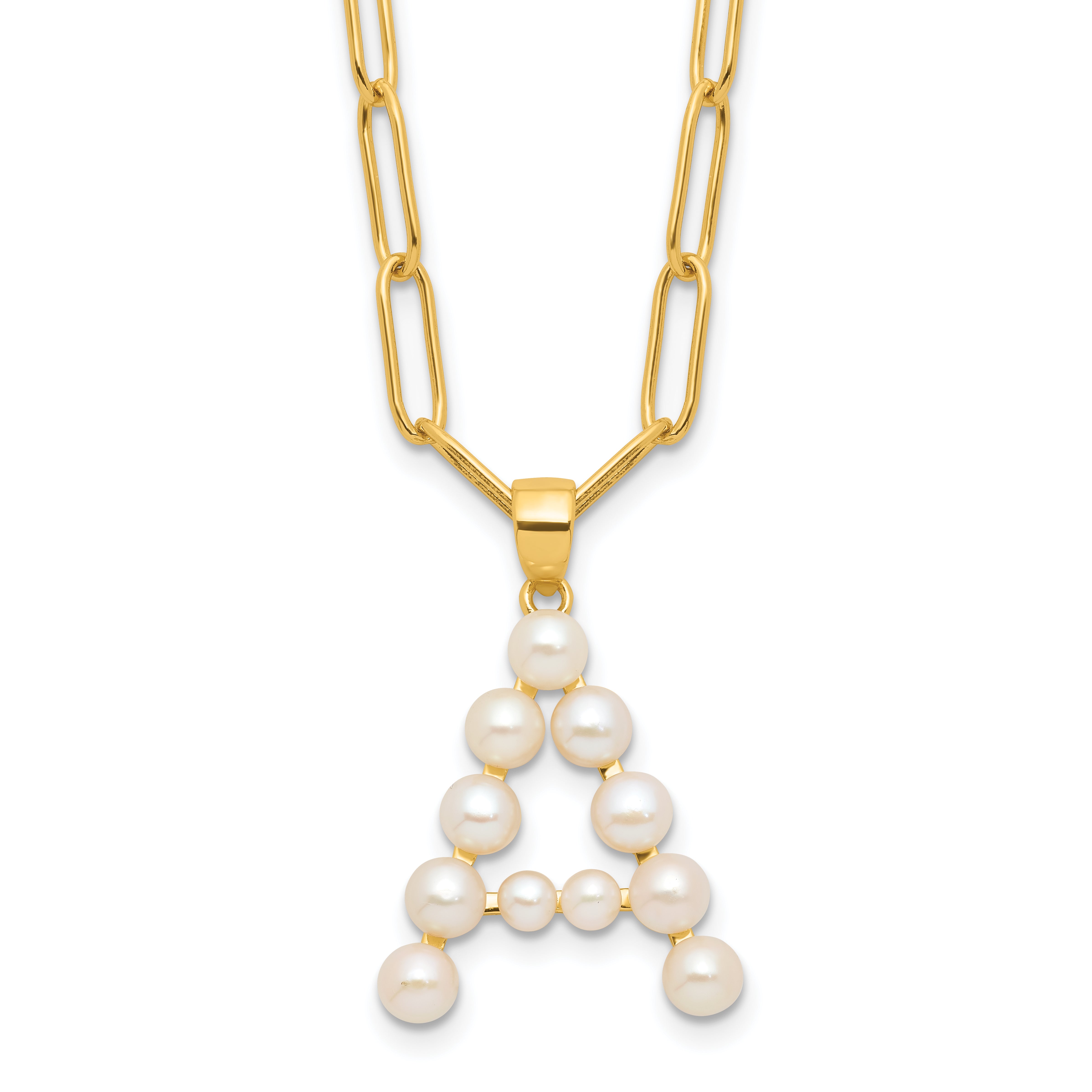 Sterling Silver Gold-plated 3-5.5mm White Button Freshwater Cultured Pearl LETTER A 18 inch Necklace