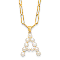 Sterling Silver Gold-plated 3-5.5mm White Button Freshwater Cultured Pearl LETTER A 18 inch Necklace
