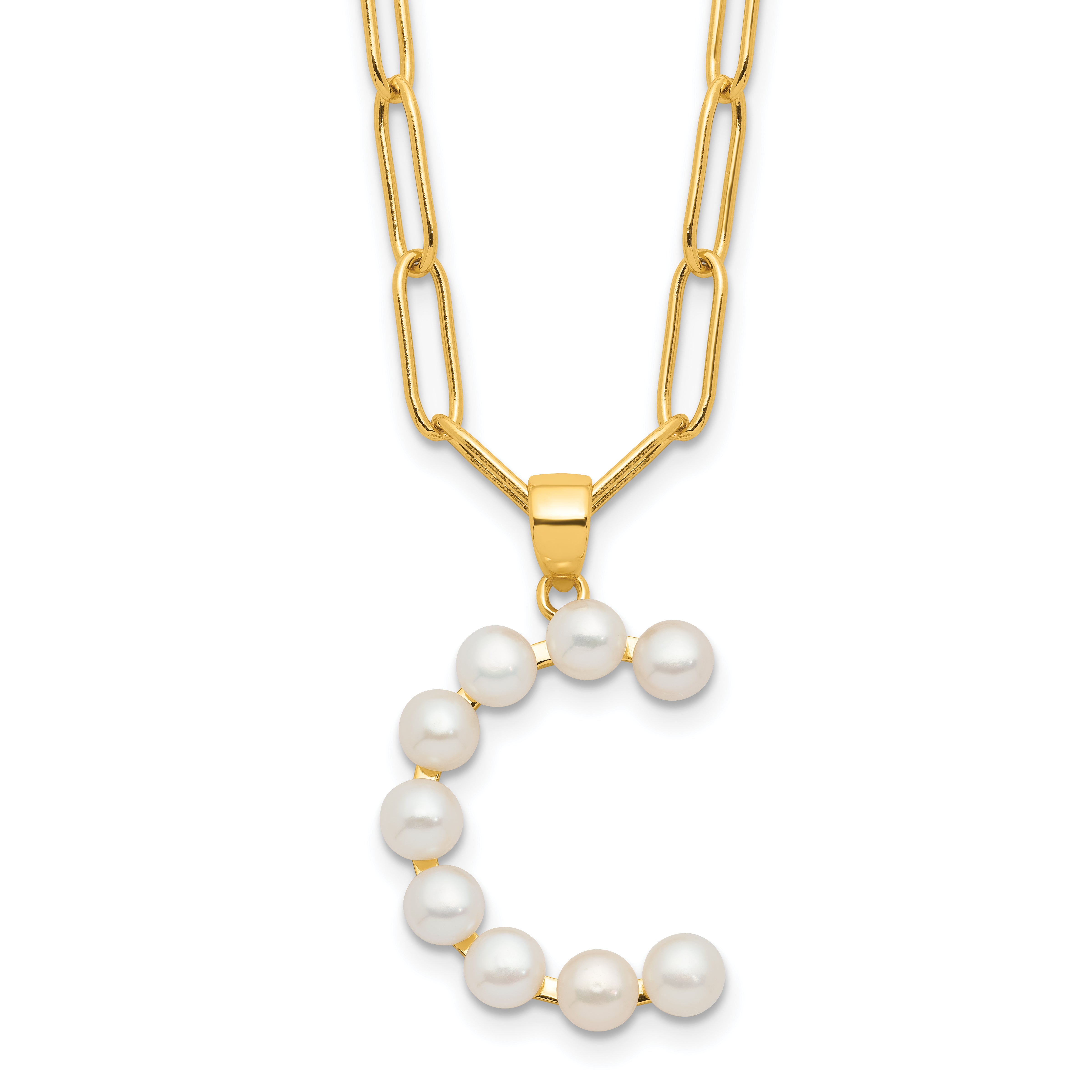 Sterling Silver Gold-plated 3-5.5mm White Button Freshwater Cultured Pearl LETTER C 18 inch Necklace