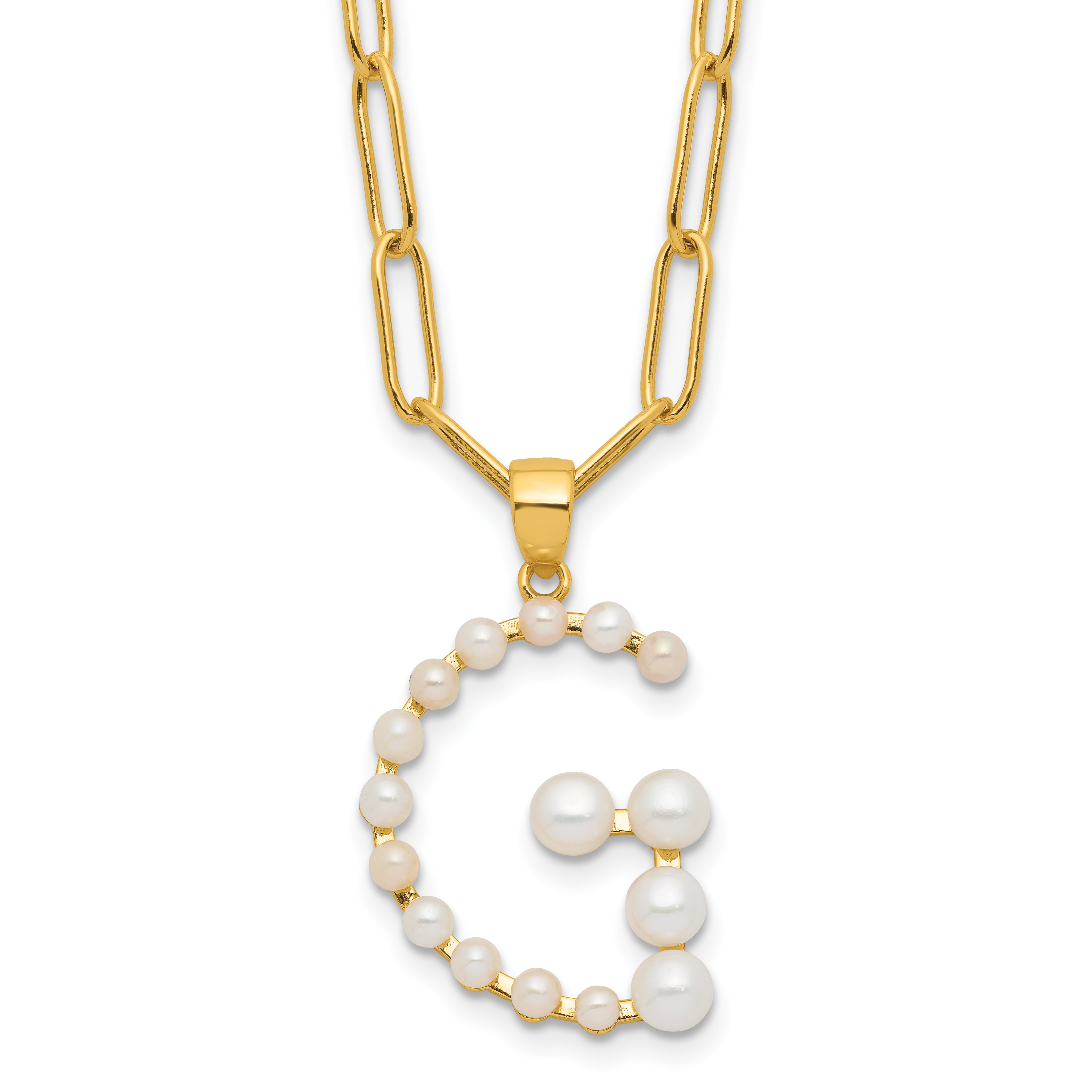 Sterling Silver Gold-plated 3-5.5mm White Button Freshwater Cultured Pearl LETTER G 18 inch Necklace