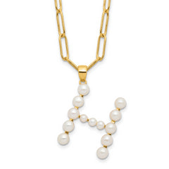 Sterling Silver Gold-plated 3-5.5mm White Button Freshwater Cultured Pearl LETTER H 18 inch Necklace