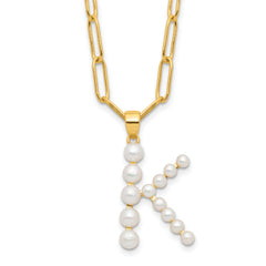 Sterling Silver Gold-plated 3-5.5mm White Button Freshwater Cultured Pearl LETTER K 18 inch Necklace