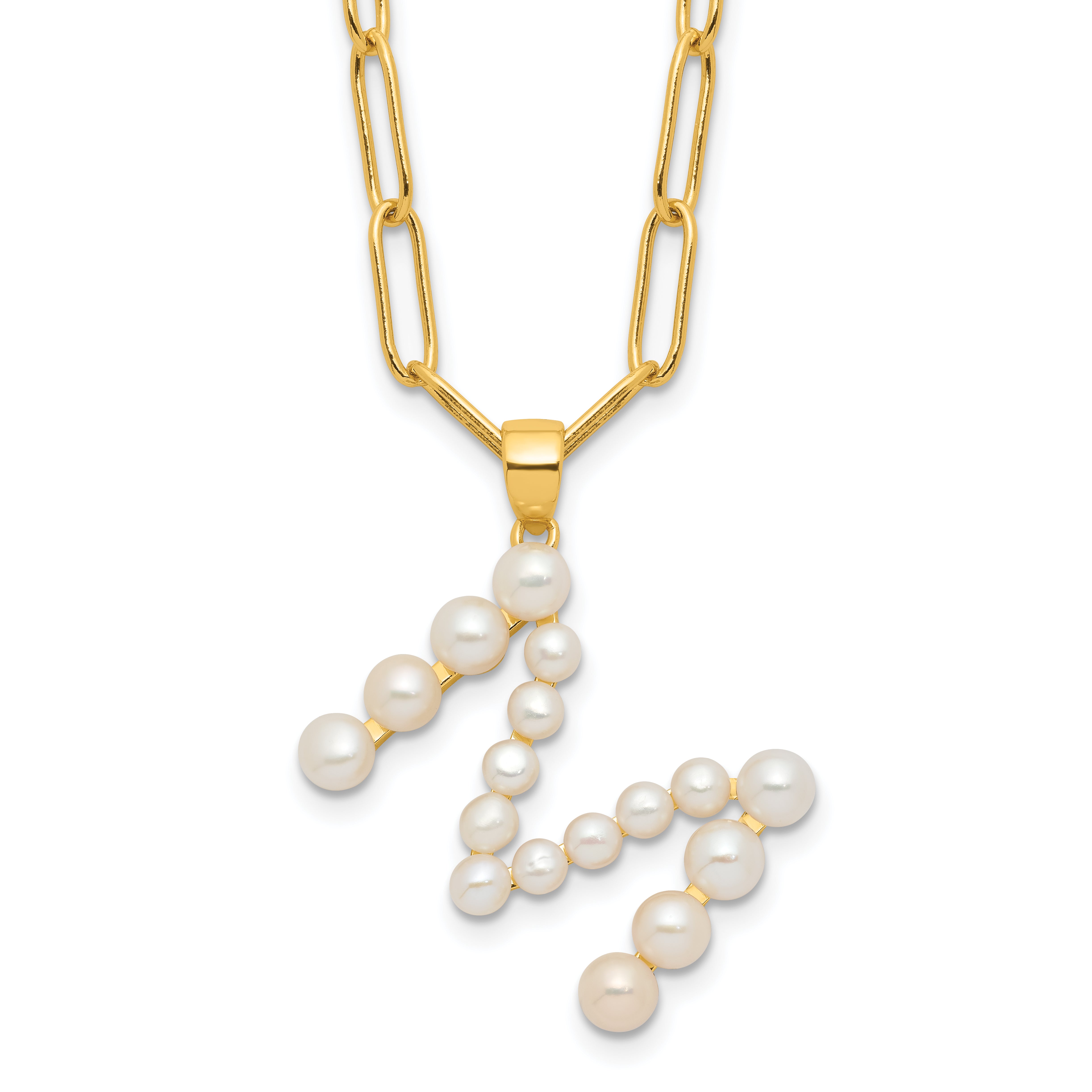 Sterling Silver Gold-plated 3-5.5mm White Button Freshwater Cultured Pearl LETTER M 18 inch Necklace
