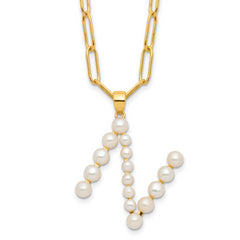 Sterling Silver Gold-plated 3-5.5mm White Button Freshwater Cultured Pearl LETTER N 18 inch Necklace