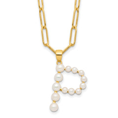 Sterling Silver Gold-plated 3-5.5mm White Button Freshwater Cultured Pearl LETTER P 18 inch Necklace