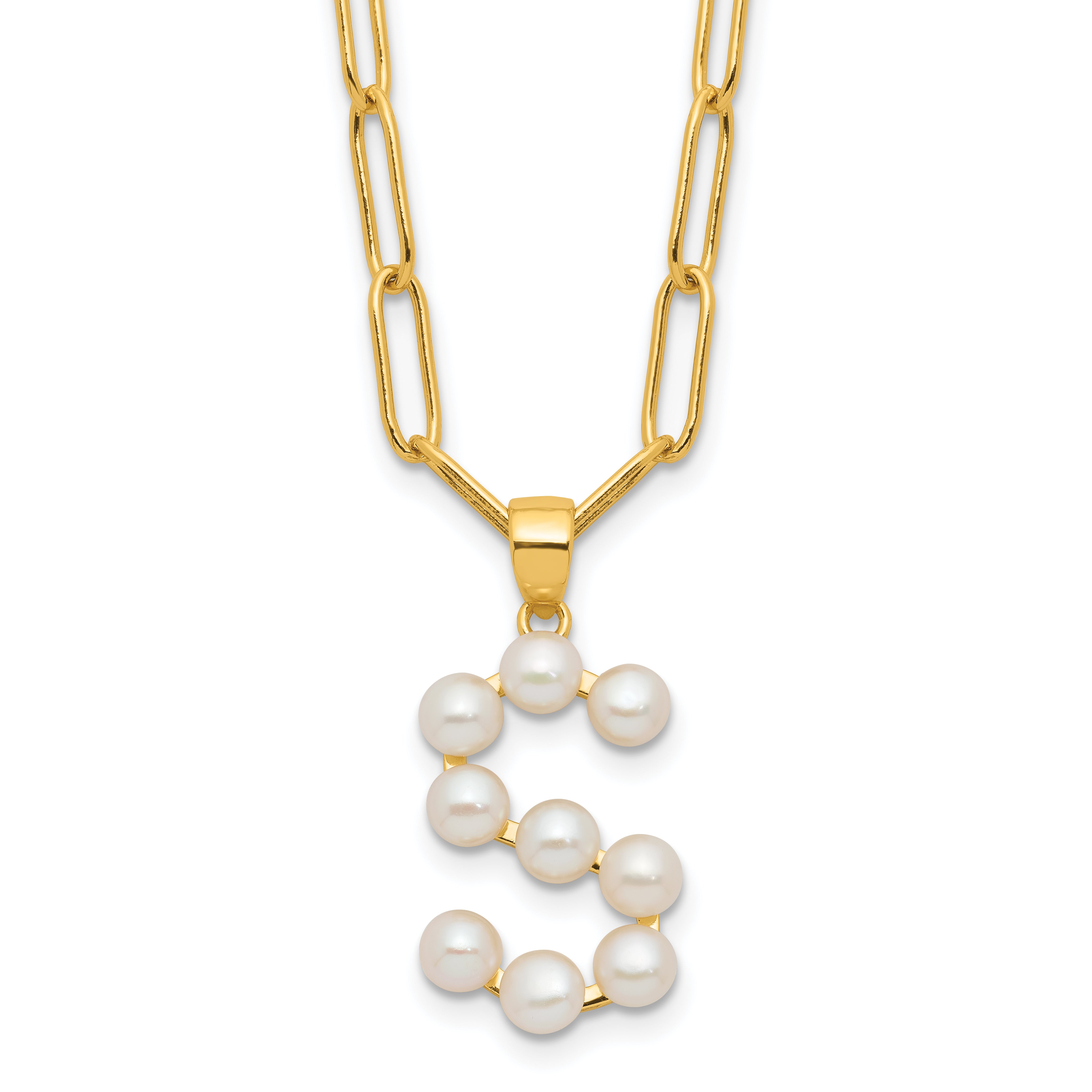 Sterling Silver Gold-plated 3-5.5mm White Button Freshwater Cultured Pearl LETTER S 18 inch Necklace