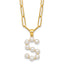 Sterling Silver Gold-plated 3-5.5mm White Button Freshwater Cultured Pearl LETTER S 18 inch Necklace