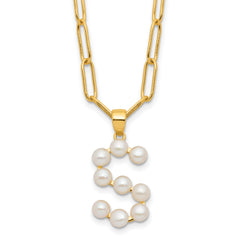 Sterling Silver Gold-plated 3-5.5mm White Button Freshwater Cultured Pearl LETTER S 18 inch Necklace