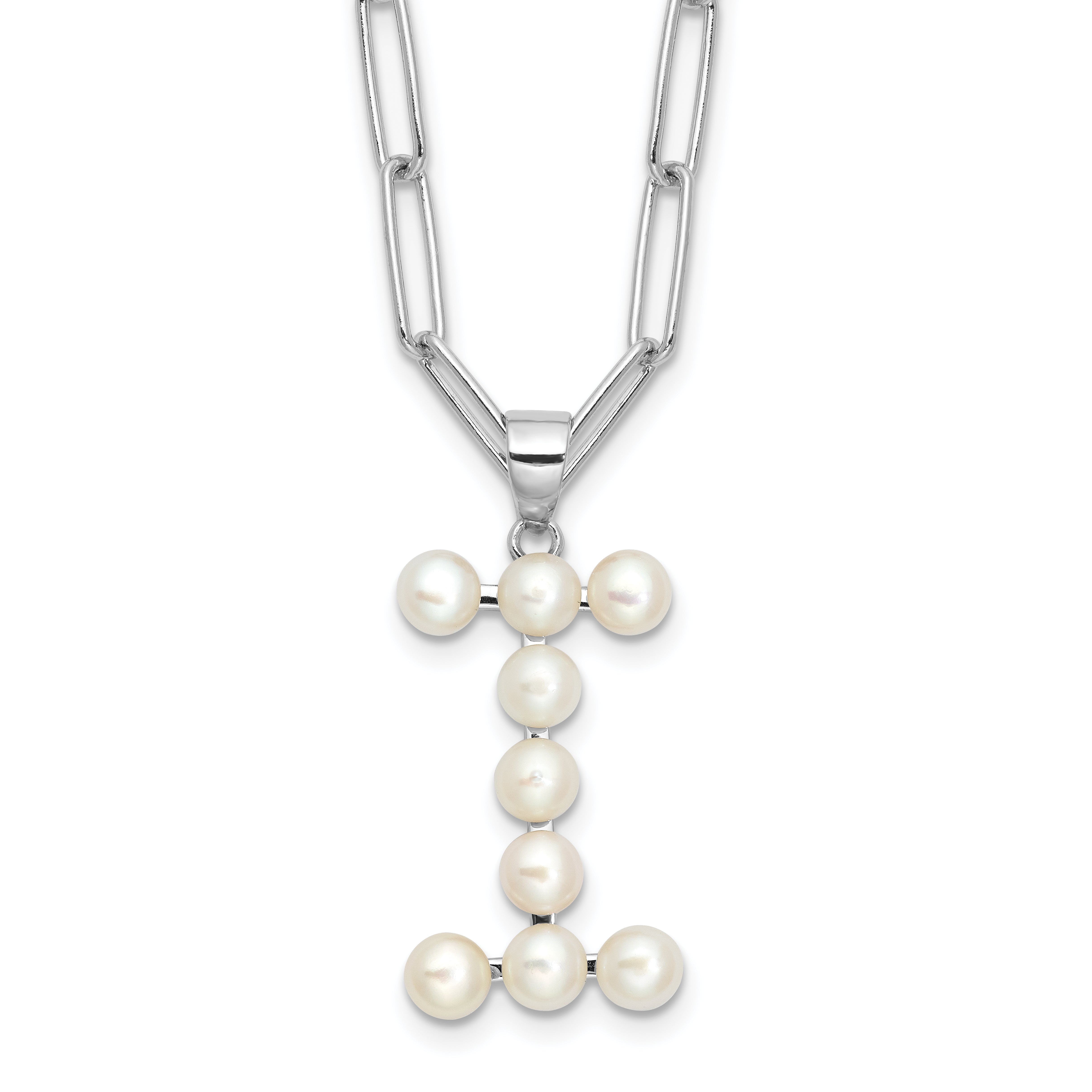 Sterling Silver Rhodium-Rhodium-Plated 3-5.5mm White Button Freshwater Cultured Pearl LETTER I 18 inch Necklace