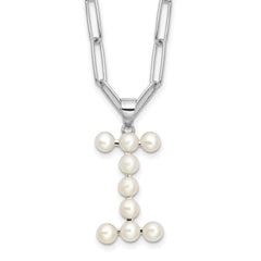 Sterling Silver Rhodium-Rhodium-Plated 3-5.5mm White Button Freshwater Cultured Pearl LETTER I 18 inch Necklace