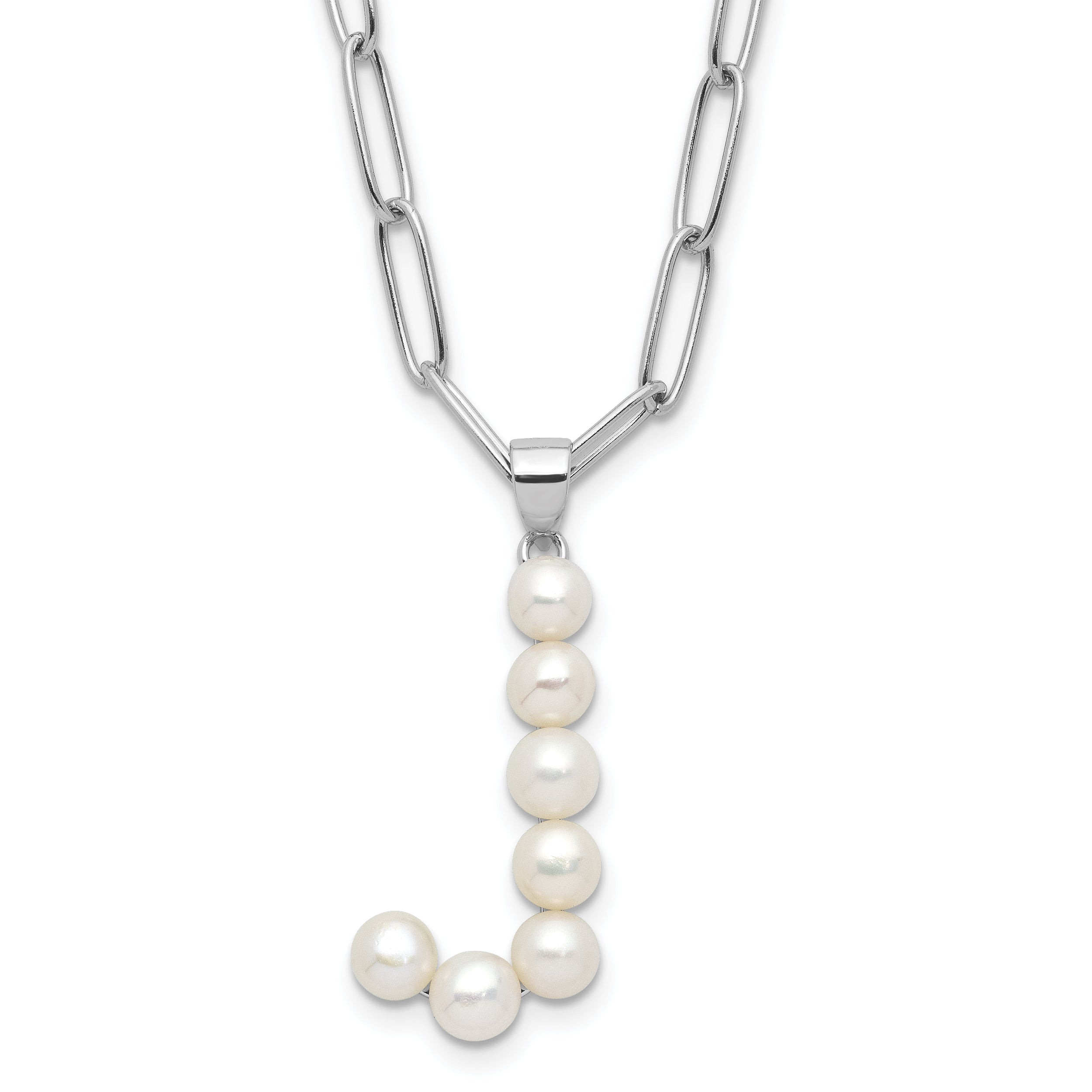 Sterling Silver Rhodium-Rhodium-Plated 3-5.5mm White Button Freshwater Cultured Pearl LETTER J 18 inch Necklace