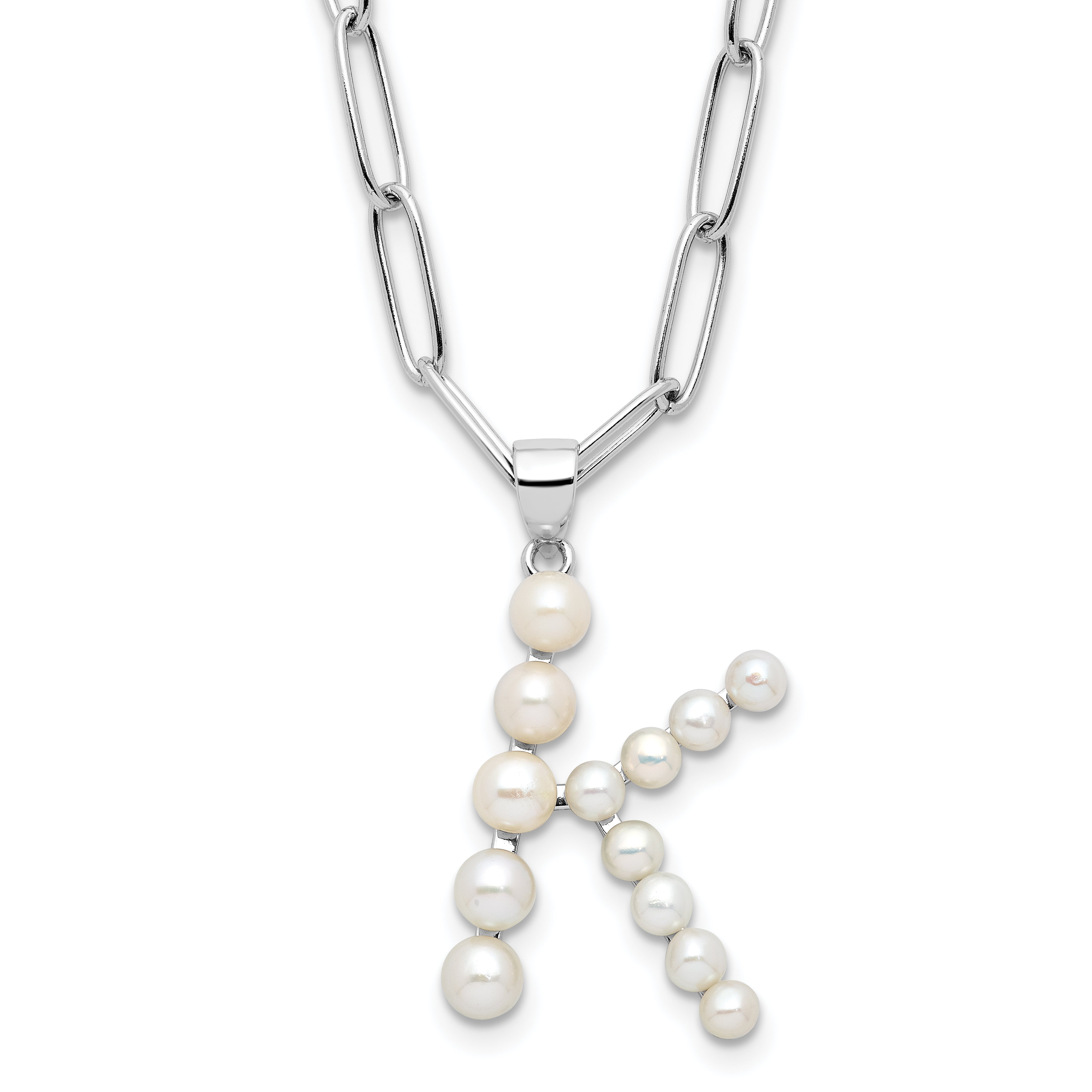 Sterling Silver Rhodium-Rhodium-Plated 3-5.5mm White Button Freshwater Cultured Pearl LETTER K 18 inch Necklace