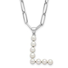 Sterling Silver Rhodium-Rhodium-Plated 3-5.5mm White Button Freshwater Cultured Pearl LETTER L 18 inch Necklace